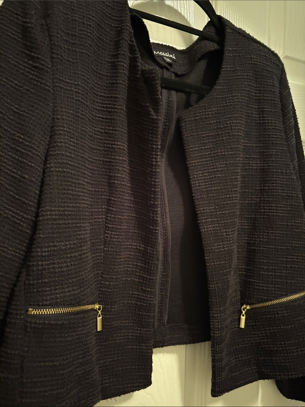 Massini Black Textured Collarless Jacket with Gold Zippers